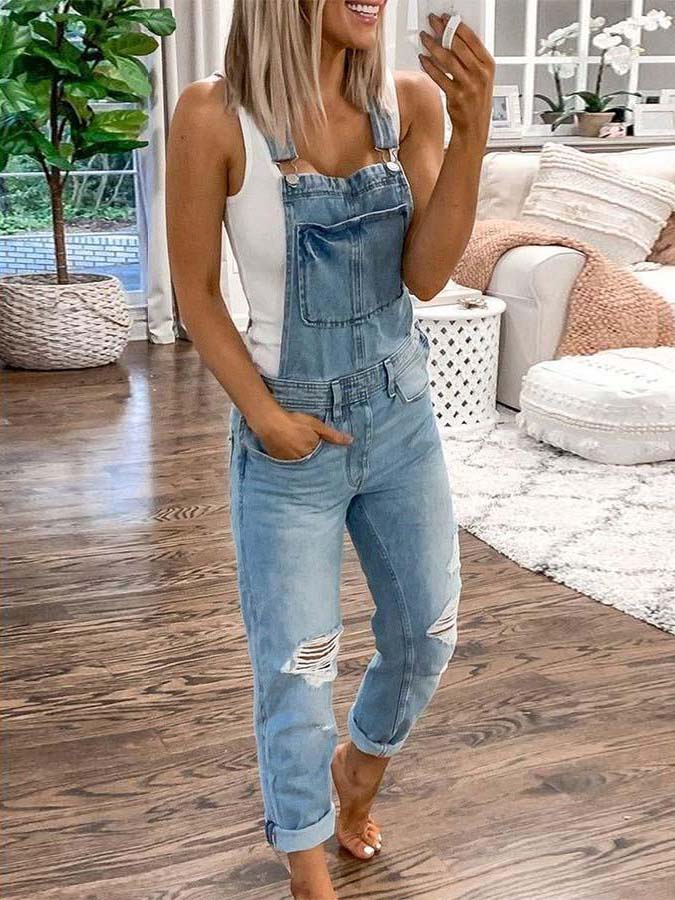 Veleaee Plain Denim Ripped Jumpsuit