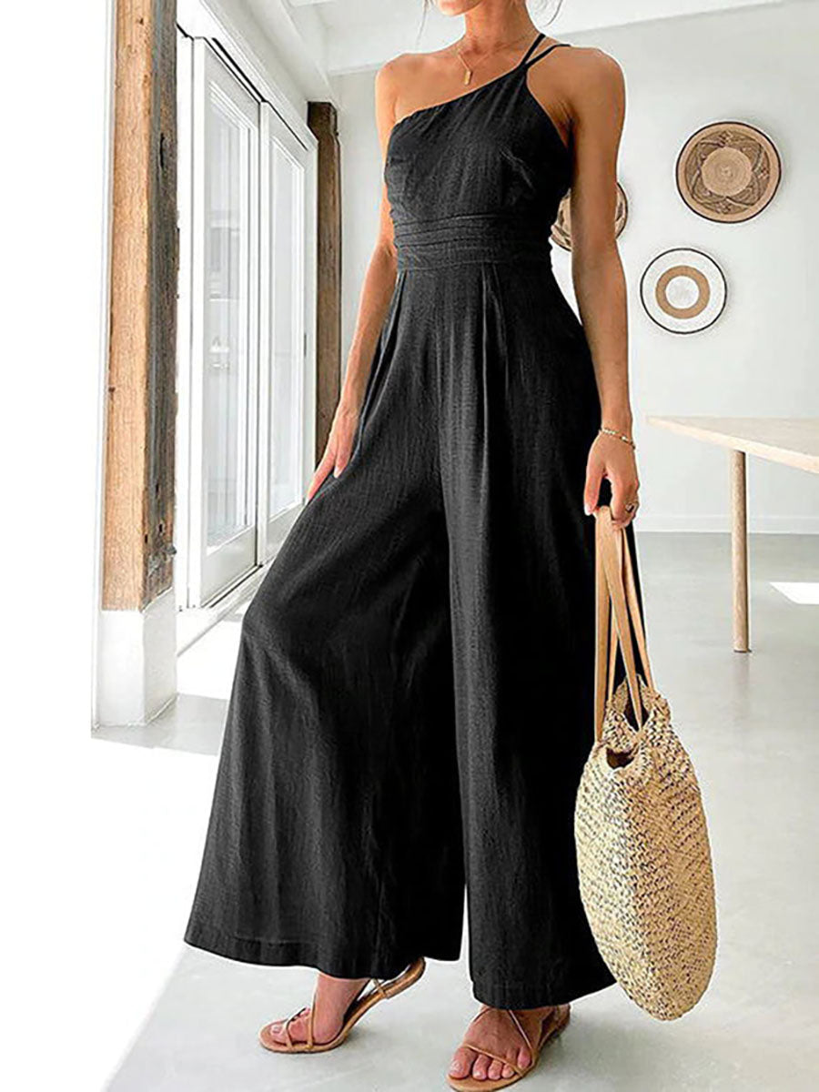 Veleaee Chic Journey One Shoulder Straps Wide Leg Jumpsuit（8 colors）