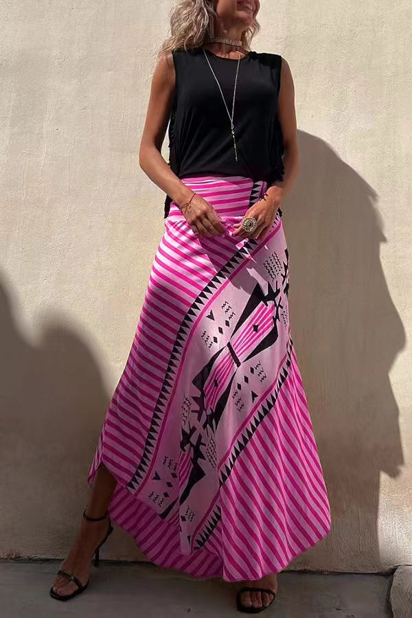 Veleaee Eva Satin Geometric Print Elastic Waist Maxi Skirt