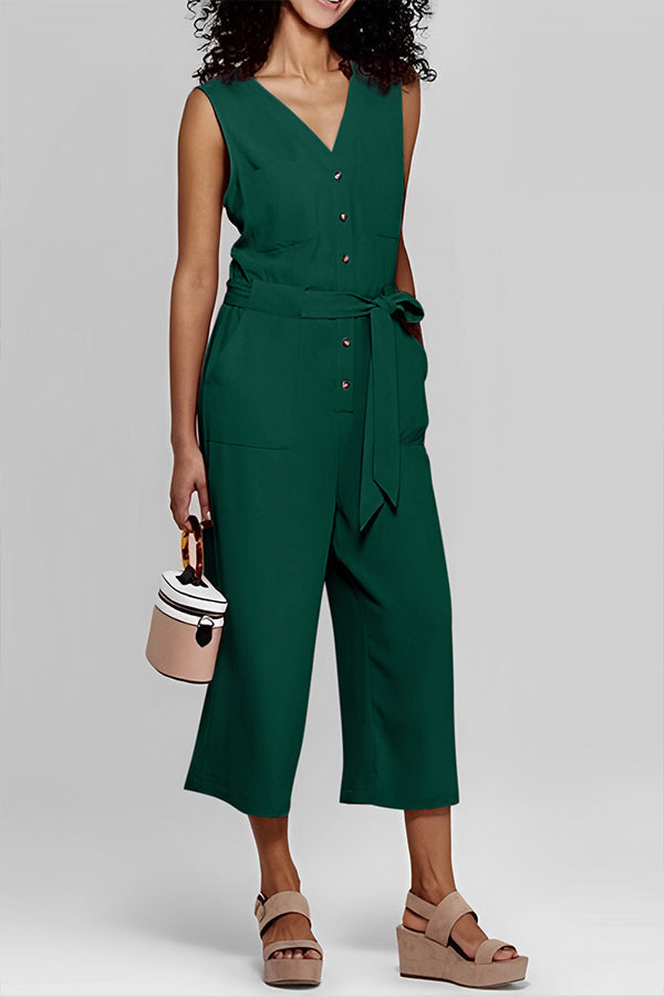 Veleaee Buttoned Sleeveless Cropped Jumpsuit With Sash