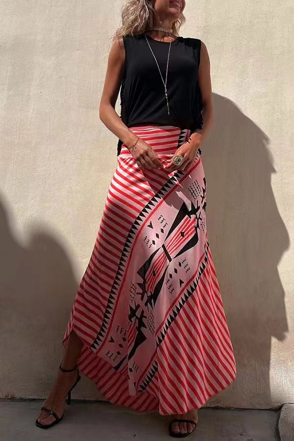 Veleaee Eva Satin Geometric Print Elastic Waist Maxi Skirt