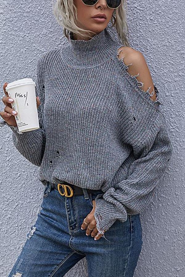 Veleaee Loose Off-shoulder Ripped Long-sleeved High-neck Knitted Sweater