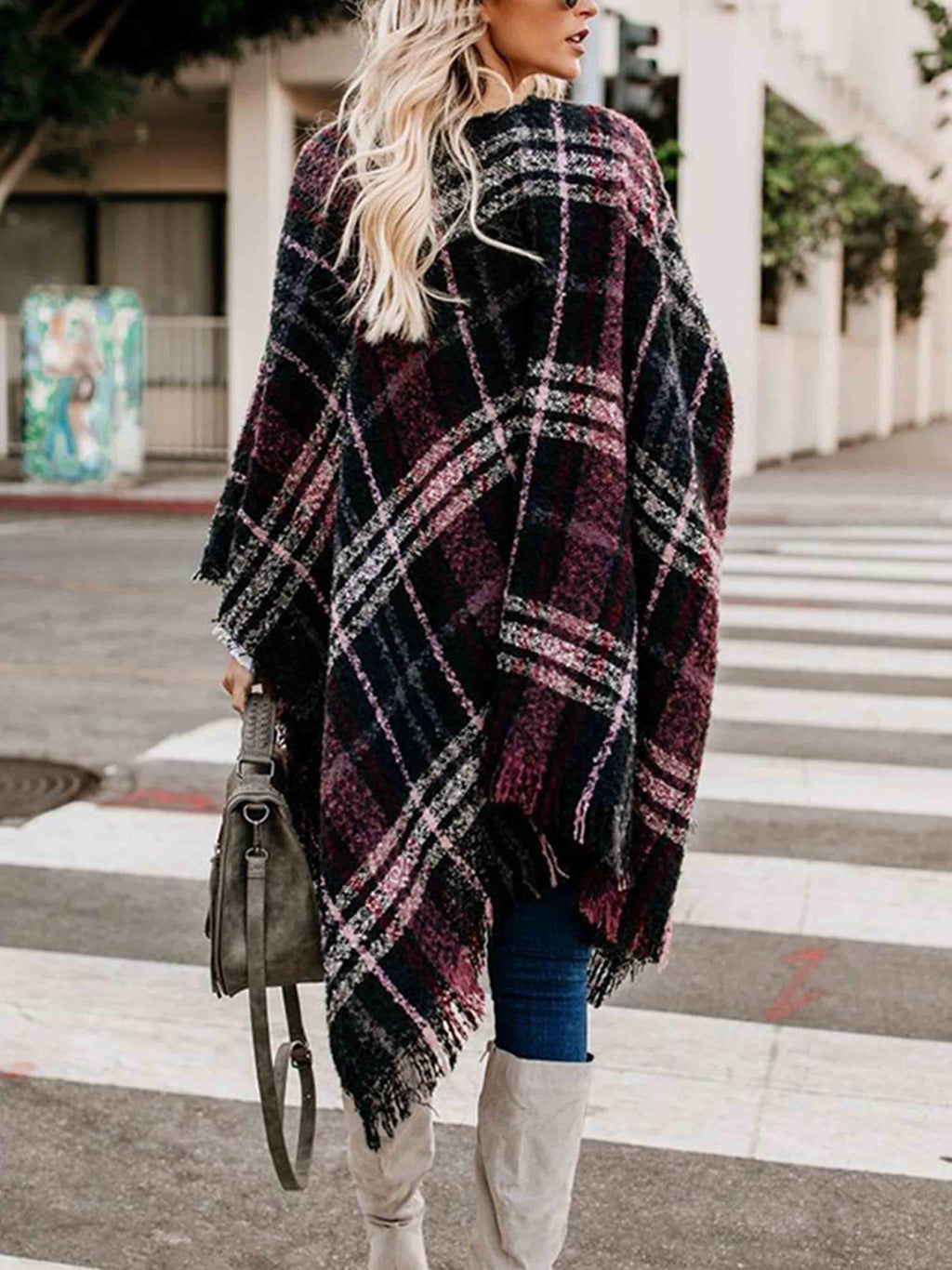 Veleaee Plaid Fringed Knit Shawl Coat