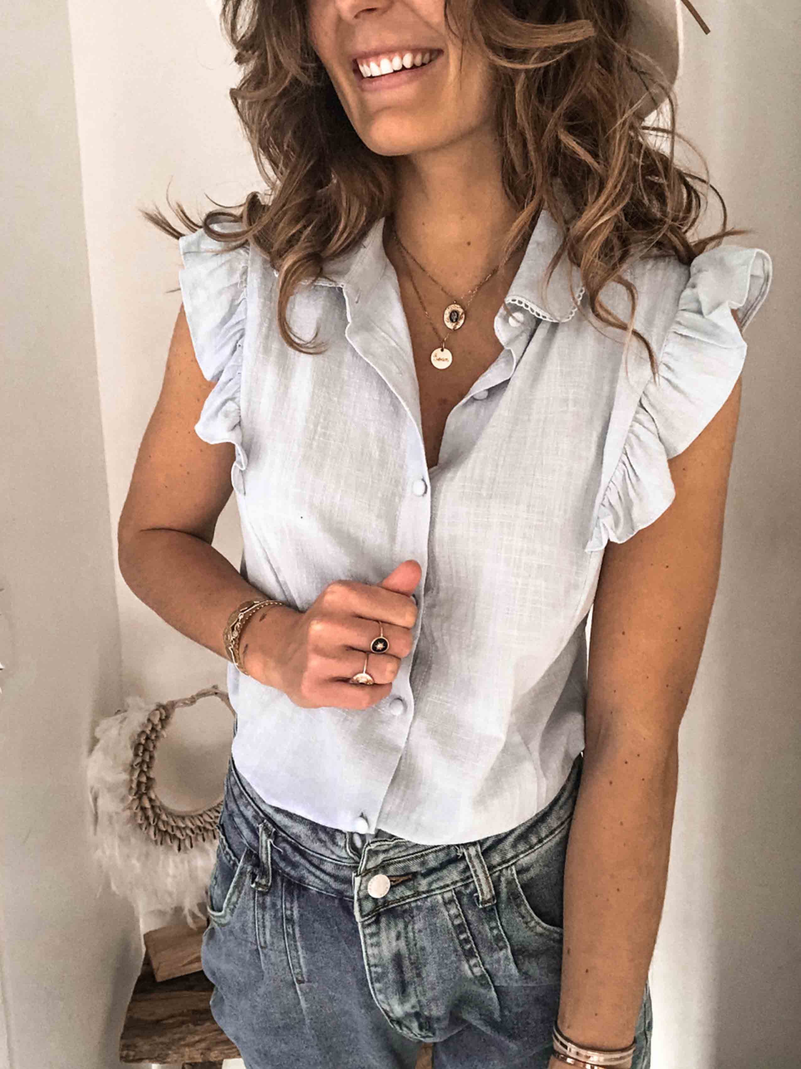 Veleaee Lapel Button Ruffled Shirt