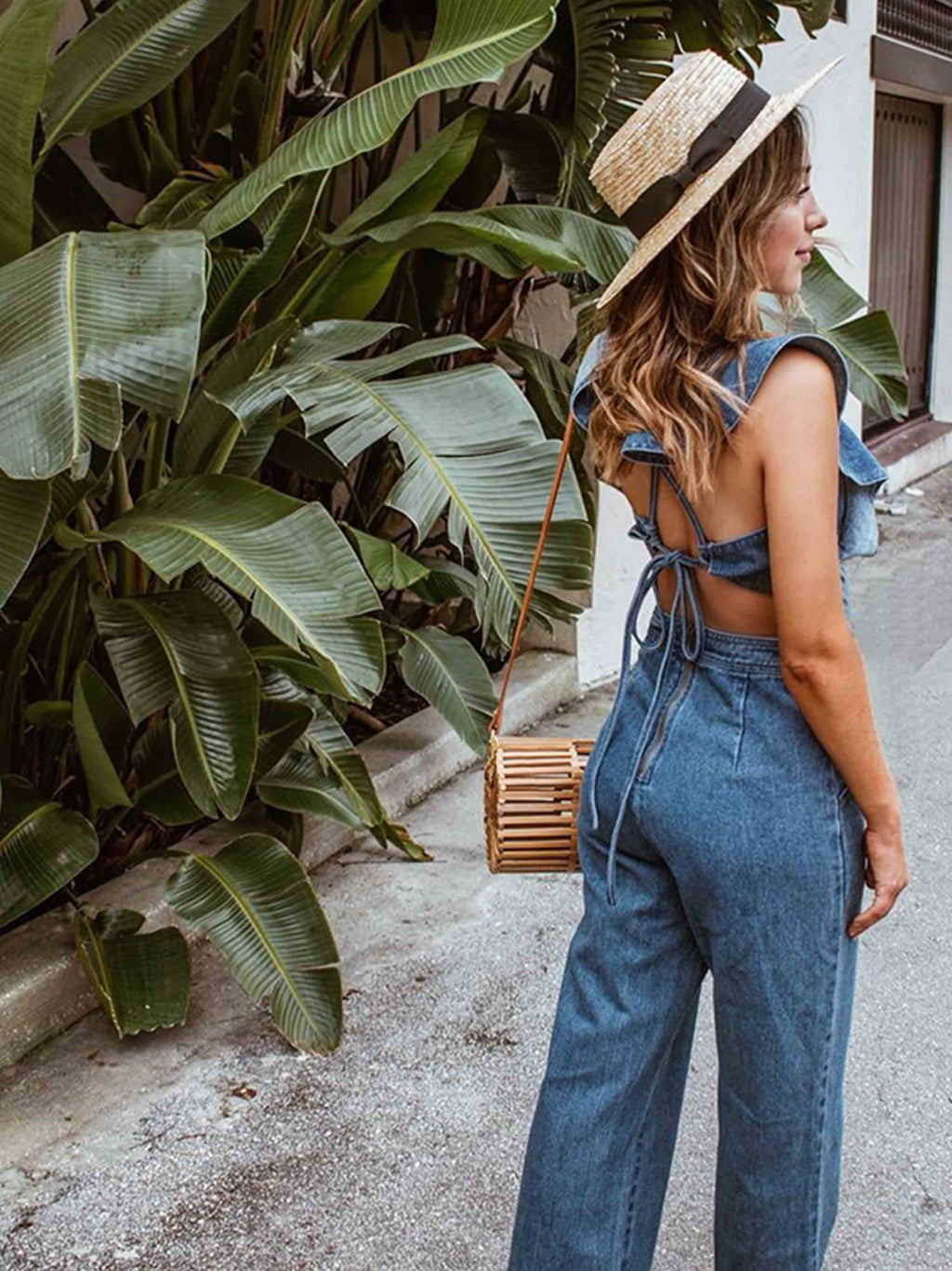Veleaee O Neck Flouncing Denim Jumpsuit