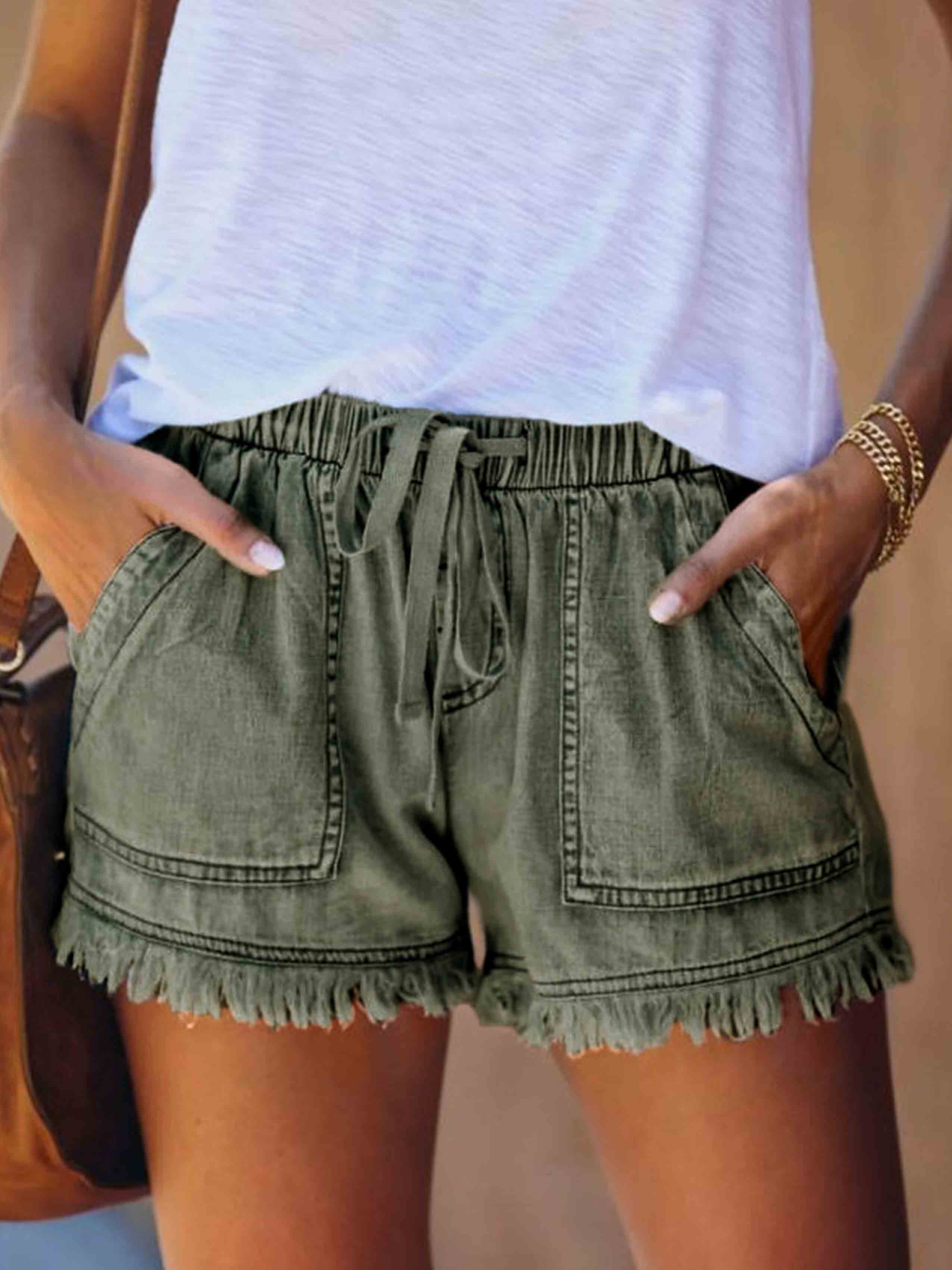 Veleaee Adjustable Tassel Pocket Shorts