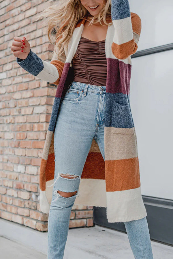 Veleaee Multicolor Knitted Color Block Open Front Long Cardigan