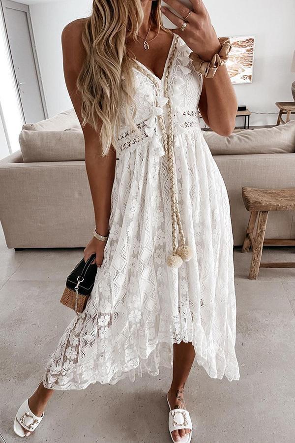 Veleaee Crochet Fringe Lace Dress