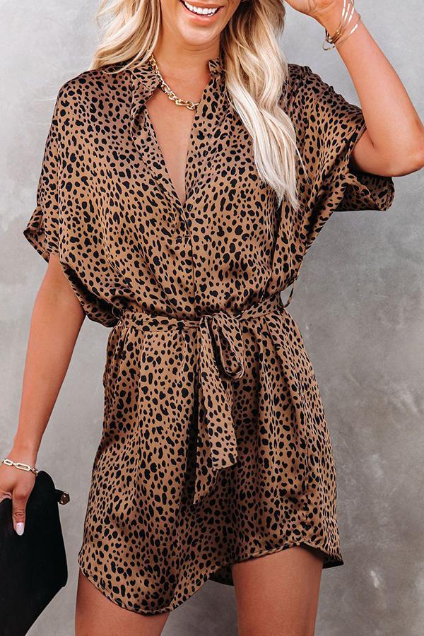Veleaee Leopard Satin Tie Dress