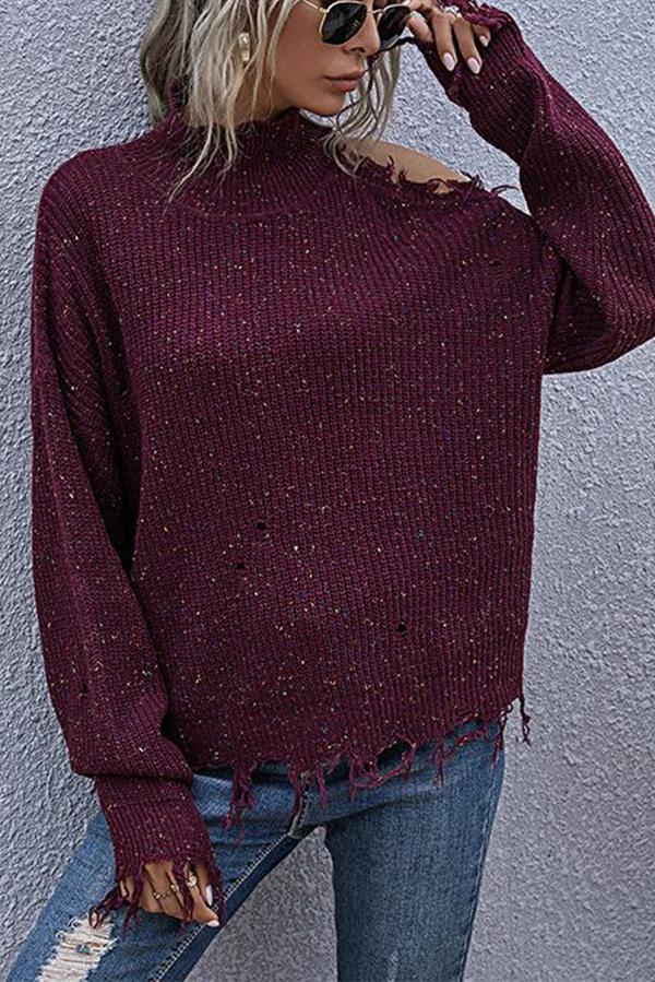 Veleaee Loose Off-shoulder Ripped Long-sleeved High-neck Knitted Sweater