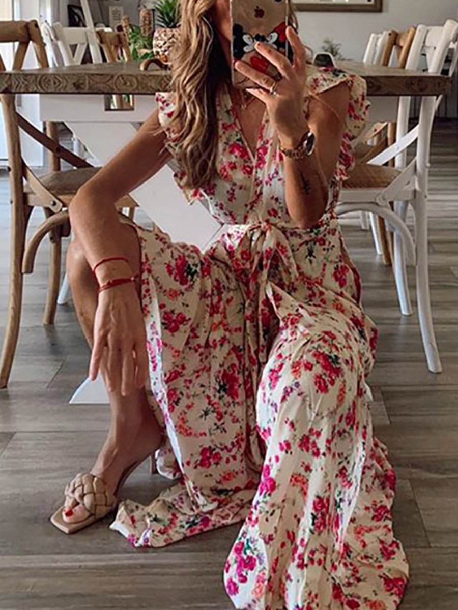 Veleaee Floral Lotus Sleeve Dress