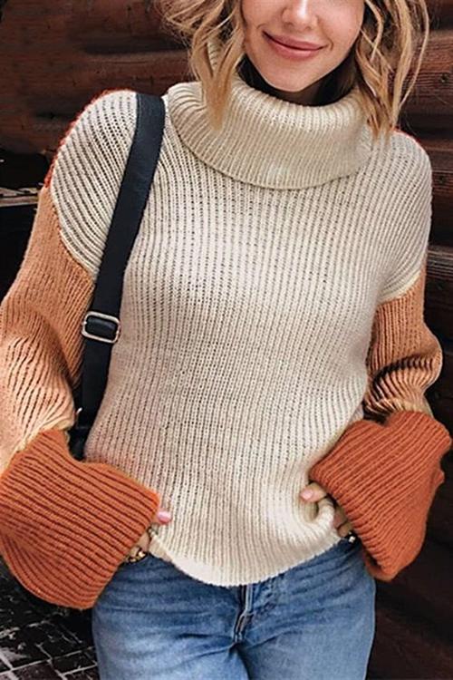 Veleaee Pumpkin Oversized Color Block Sweater