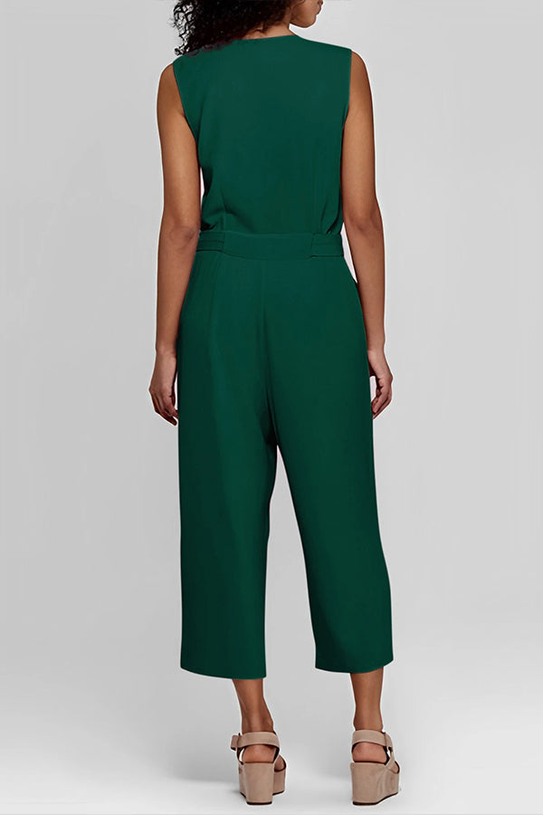 Veleaee Buttoned Sleeveless Cropped Jumpsuit With Sash