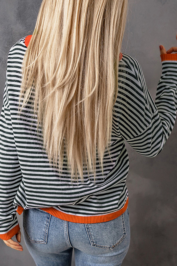 Veleaee Striped Color Contrast Dropped Shoulder Long Sleeve Top