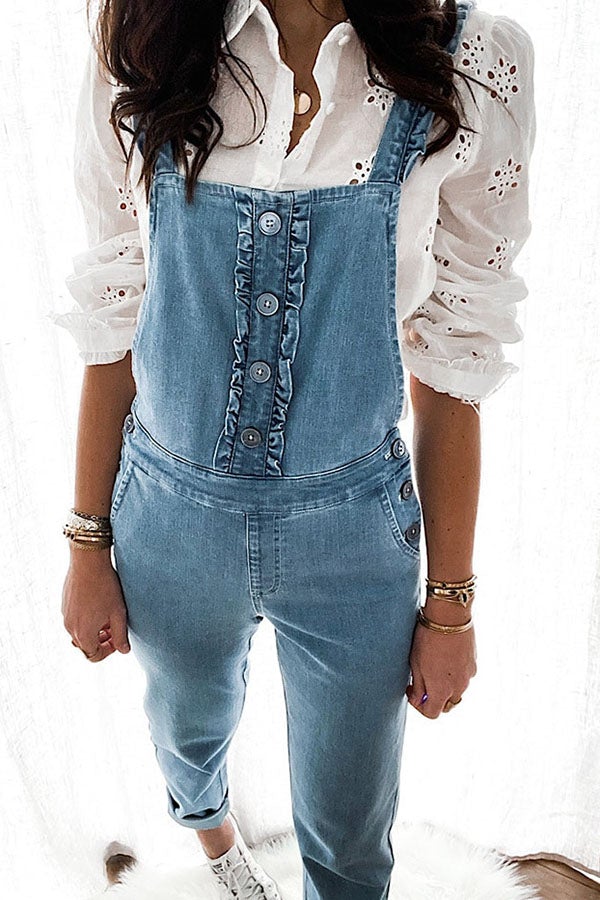 Veleaee Sassy Sweetheart Ruffle Button Down Denim Overalls