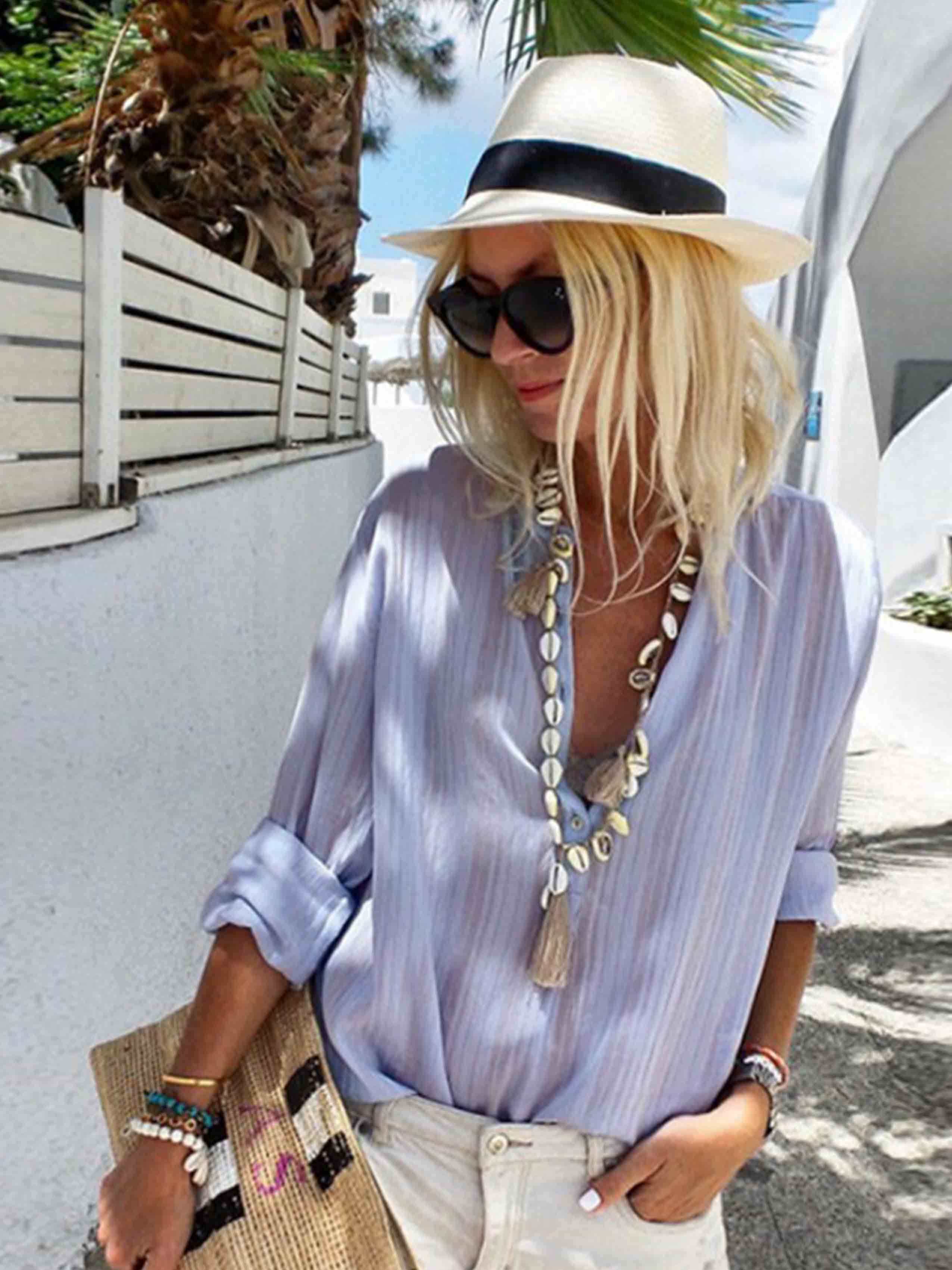 Veleaee Casual V Neck Button Blouse Tops