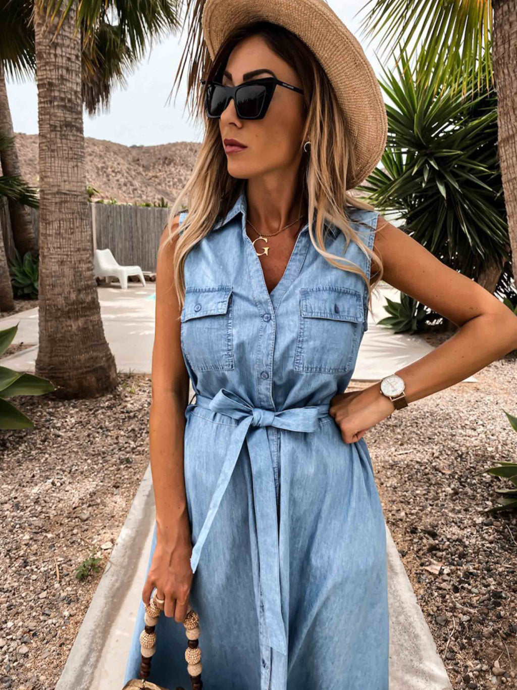 Veleaee Single-Breasted Denim Dress With Belt