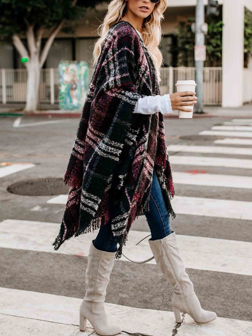 Veleaee Plaid Fringed Knit Shawl Coat