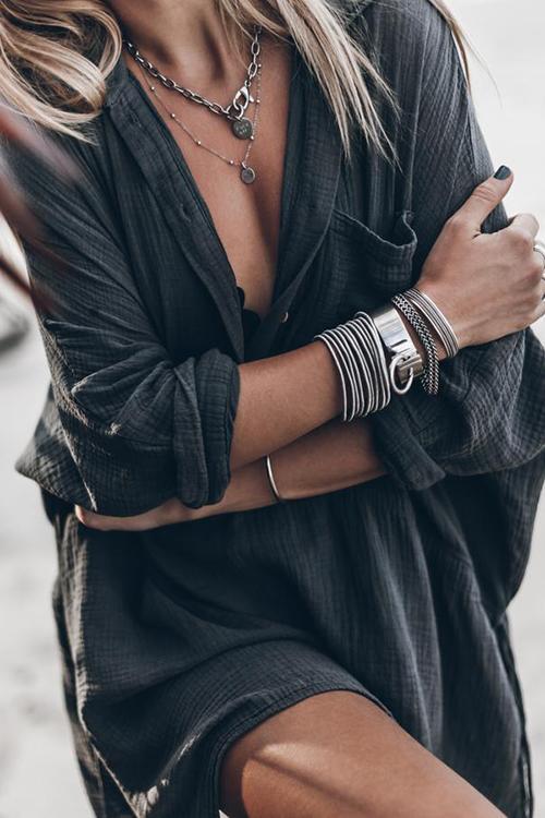 Veleaee Button Pockets Drawstring Waist Dress