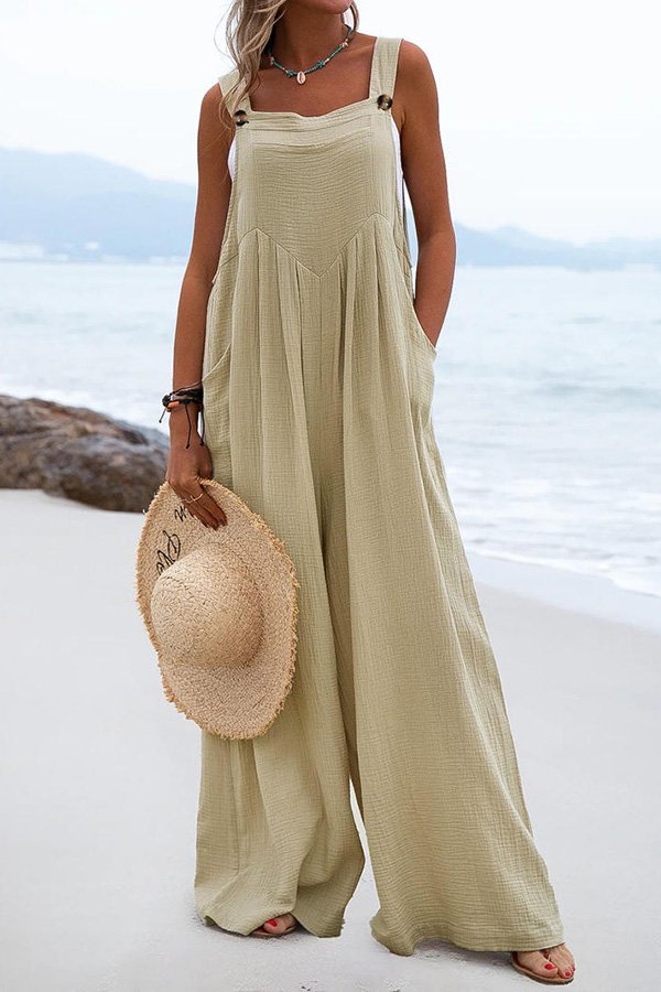 Veleaee Ethnic Button Suspender Wide Leg Line Jumpsuit