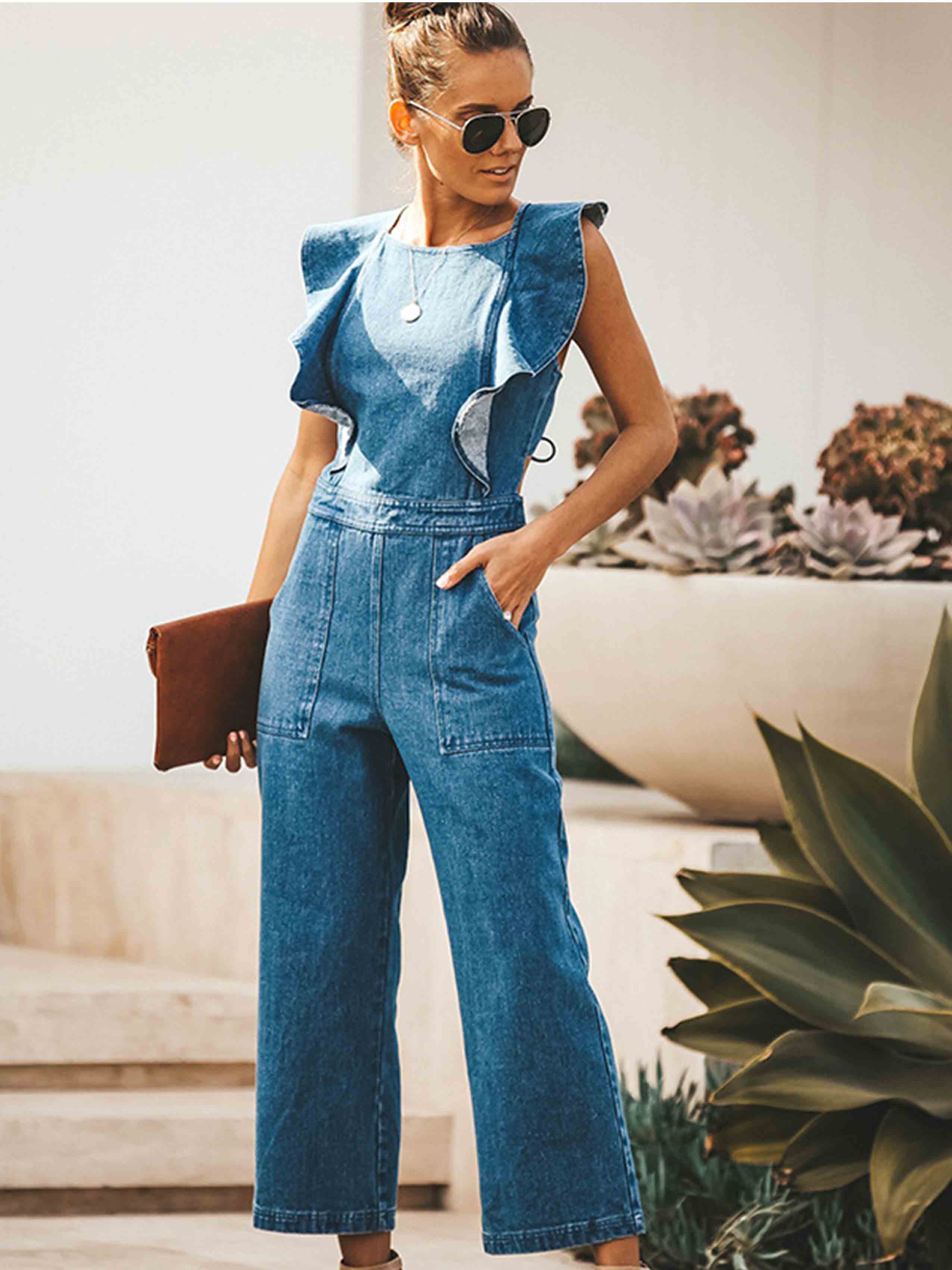 Veleaee O Neck Flouncing Denim Jumpsuit
