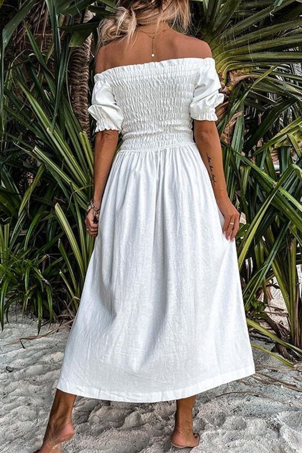 Veleaee Forever After All Smocked Off Shoulder Slit Dress