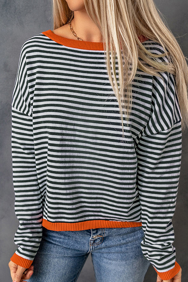 Veleaee Striped Color Contrast Dropped Shoulder Long Sleeve Top