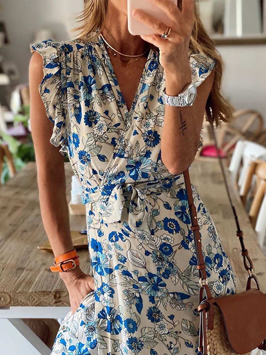 Veleaee Floral Lotus Sleeve Dress