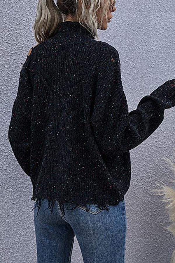 Veleaee Loose Off-shoulder Ripped Long-sleeved High-neck Knitted Sweater