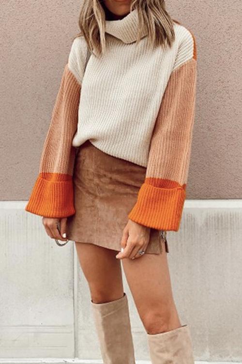 Veleaee Pumpkin Oversized Color Block Sweater
