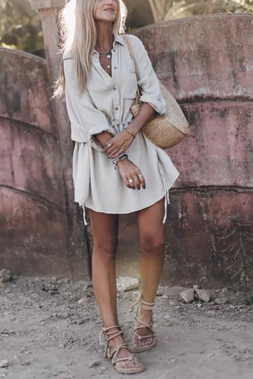 Veleaee Button Pockets Drawstring Waist Dress