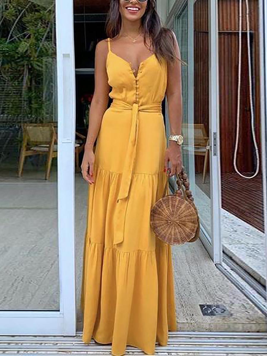 Veleaee Button Belted Slip Maxi Dress