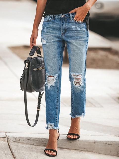 Ripped Slim Fit Washed Jeans-Veleaee