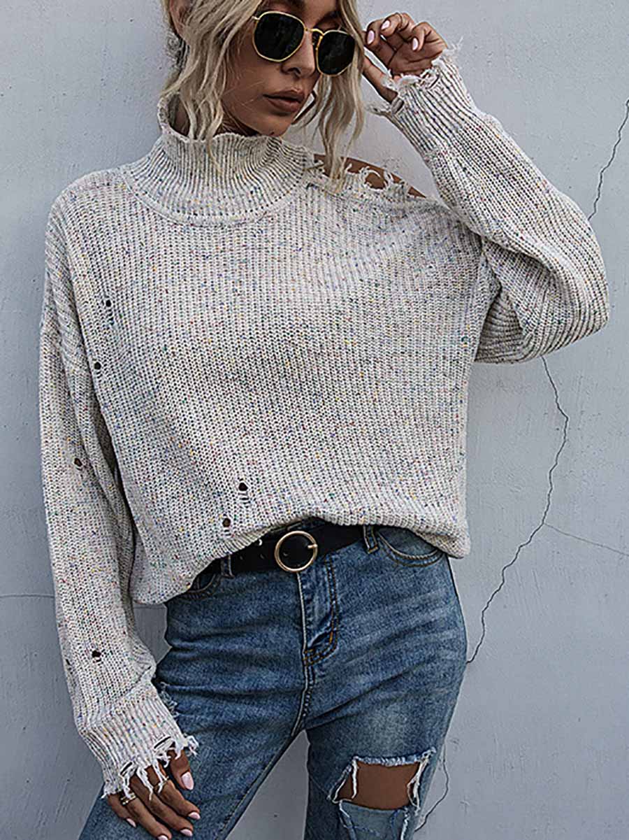 Veleaee Loose Off-shoulder Ripped Long-sleeved High-neck Knitted Sweater