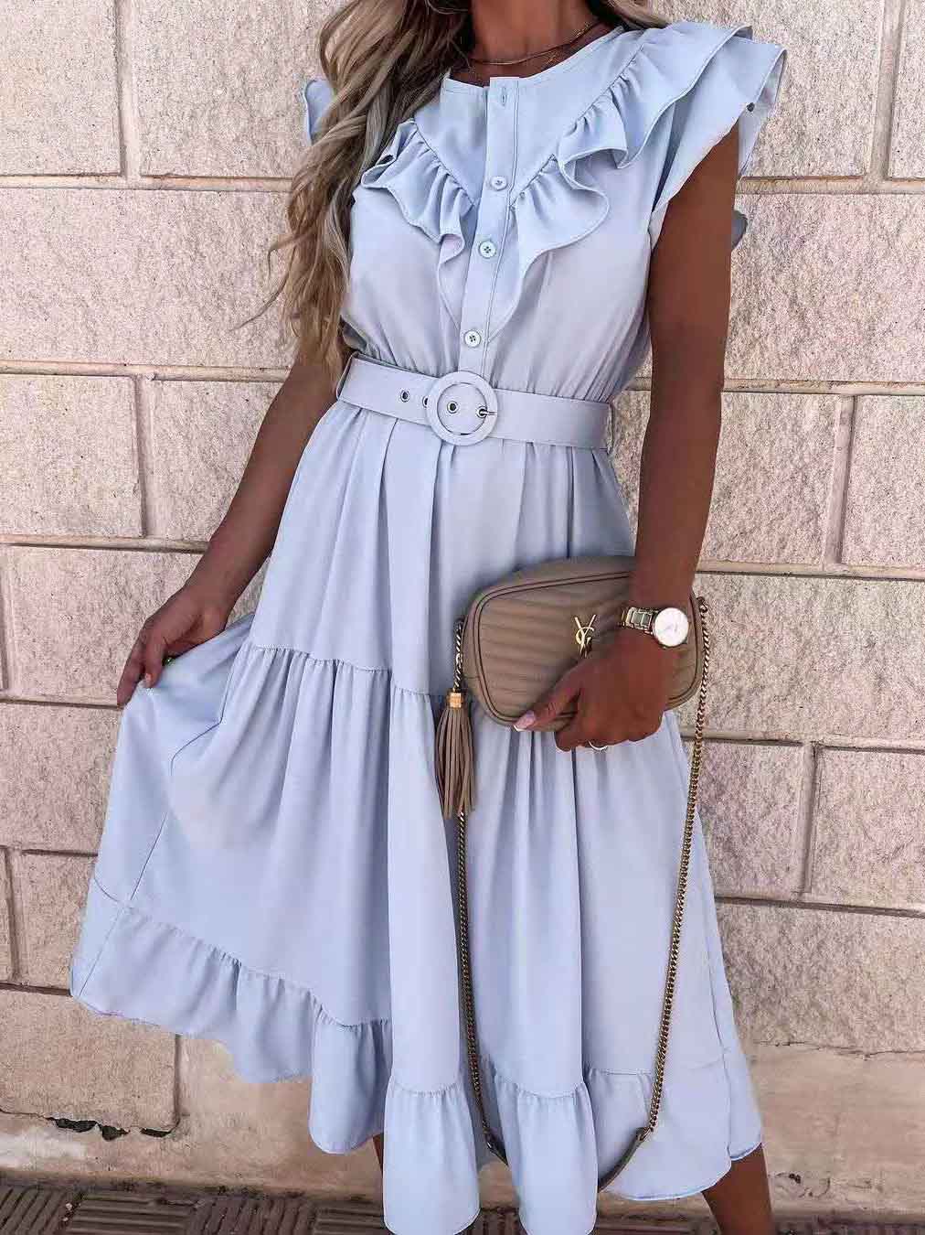 Veleaee Fashion V Neck Belt Short Sleeve Dress